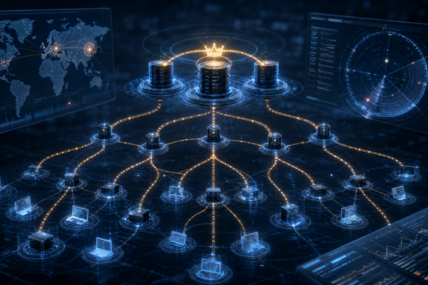 Editorial cybersecurity illustration of a modular Russian espionage botnet architecture with covert command-and-control paths.