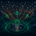 Editorial cybersecurity illustration of an IoT DDoS botnet being contained by defenders and law enforcement signal lines.