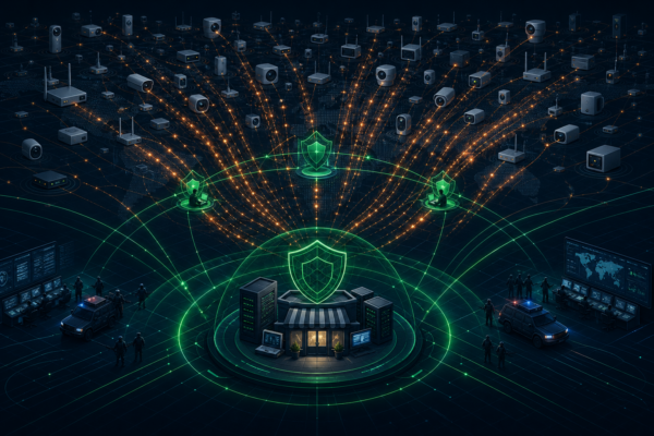 Editorial cybersecurity illustration of an IoT DDoS botnet being contained by defenders and law enforcement signal lines.