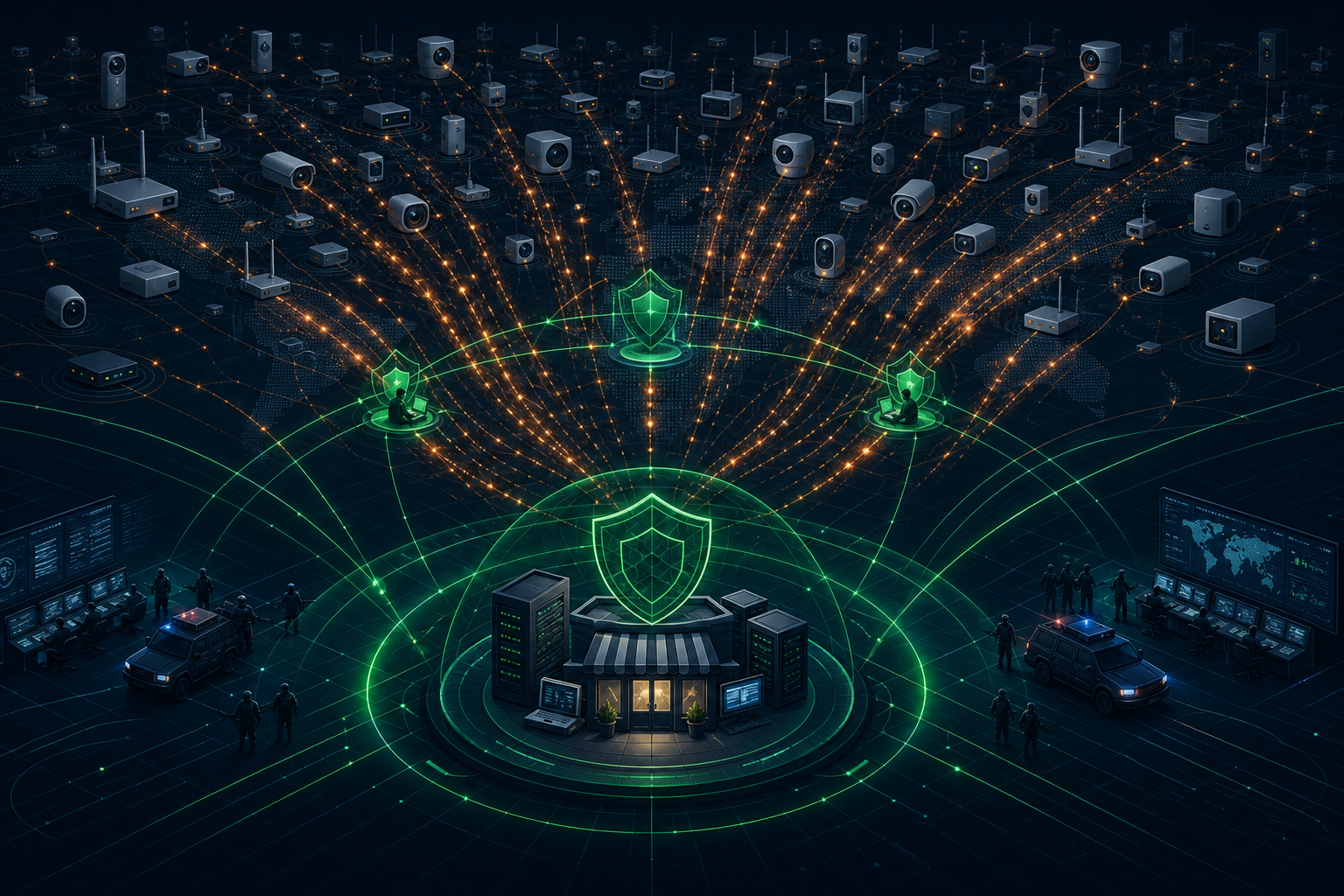 Editorial cybersecurity illustration of an IoT DDoS botnet being contained by defenders and law enforcement signal lines.