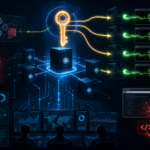 Cybersecurity illustration of ASP.NET ViewState deserialization and shared machine key risk in a web application environment.