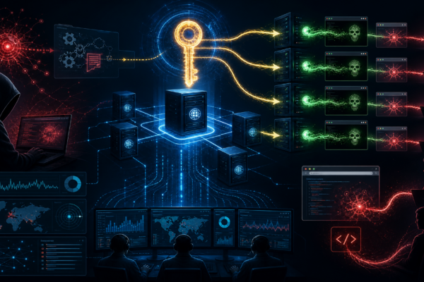 Cybersecurity illustration of ASP.NET ViewState deserialization and shared machine key risk in a web application environment.