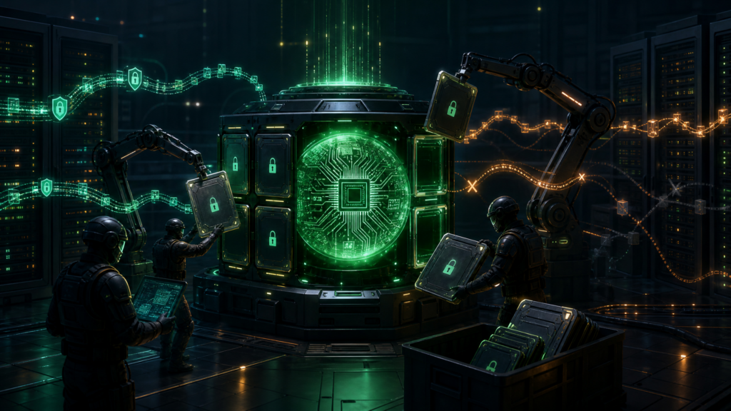 Editorial illustration of defenders reducing Linux kernel attack surface by disabling unused IPsec ESP modules.