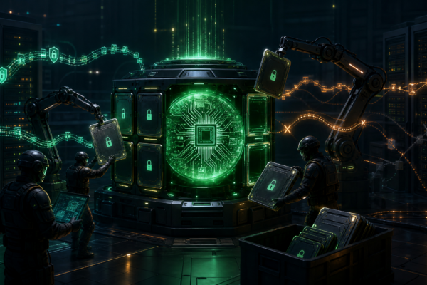 Editorial illustration of defenders reducing Linux kernel attack surface by disabling unused IPsec ESP modules.
