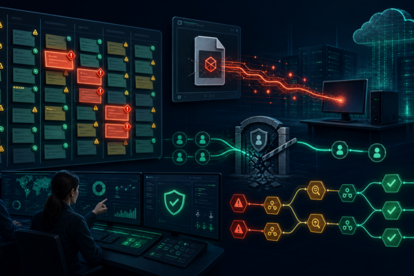 Professional cybersecurity illustration of defenders prioritizing Microsoft Patch Tuesday vulnerabilities across servers and identity systems.