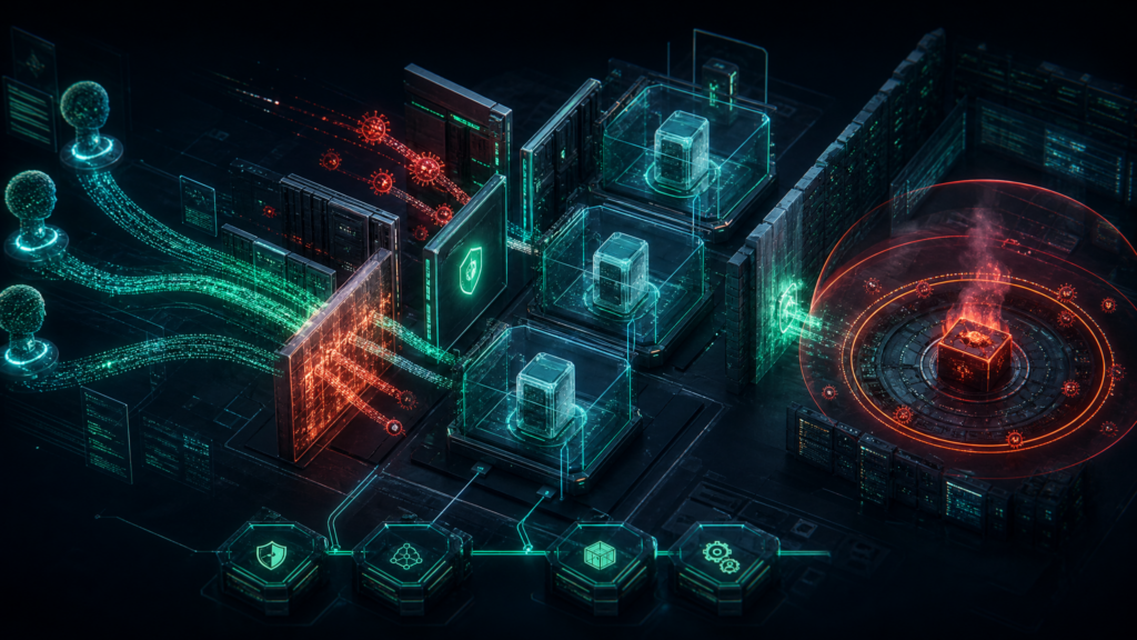 Abstract cybersecurity illustration of AI agent tool calls crossing into shell command execution and defensive containment controls.
