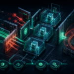 Abstract cybersecurity illustration of AI agent tool calls crossing into shell command execution and defensive containment controls.