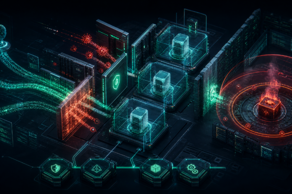 Abstract cybersecurity illustration of AI agent tool calls crossing into shell command execution and defensive containment controls.
