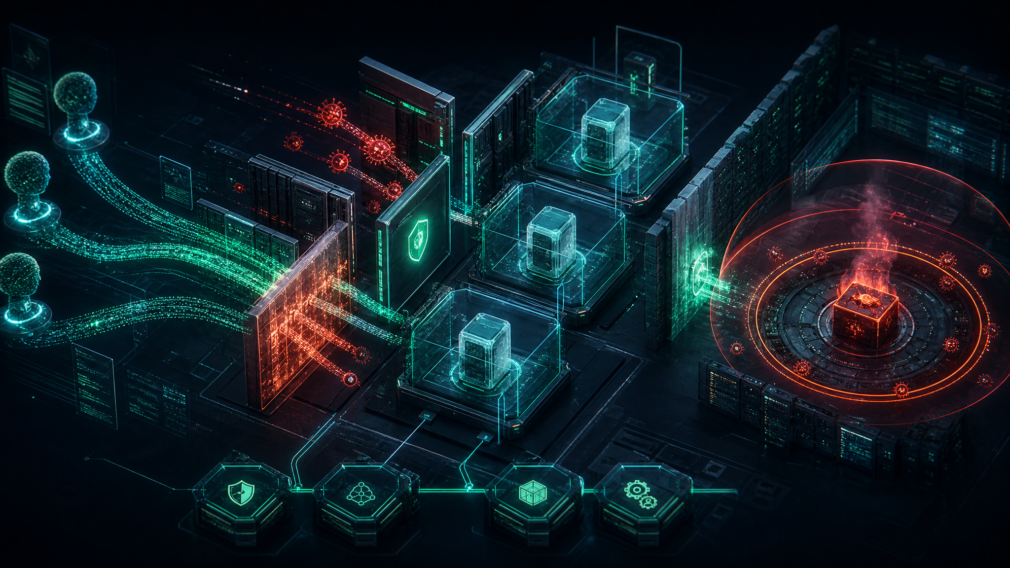 Abstract cybersecurity illustration of AI agent tool calls crossing into shell command execution and defensive containment controls.