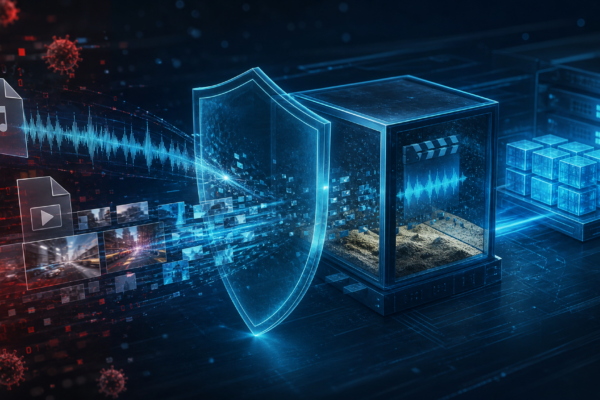 Professional cybersecurity illustration of malicious media files entering a protected parser sandbox.