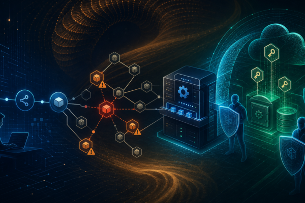 Editorial cybersecurity illustration of npm supply-chain malware targeting CI/CD secrets and cloud credentials