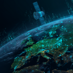 Satellite over Earth with glowing geospatial data streams representing NASA Prithvi AI in orbit