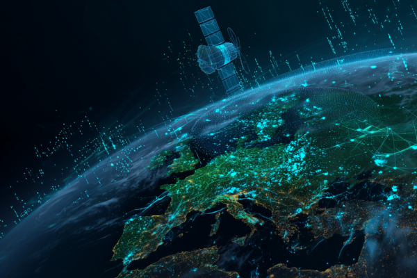 Satellite over Earth with glowing geospatial data streams representing NASA Prithvi AI in orbit