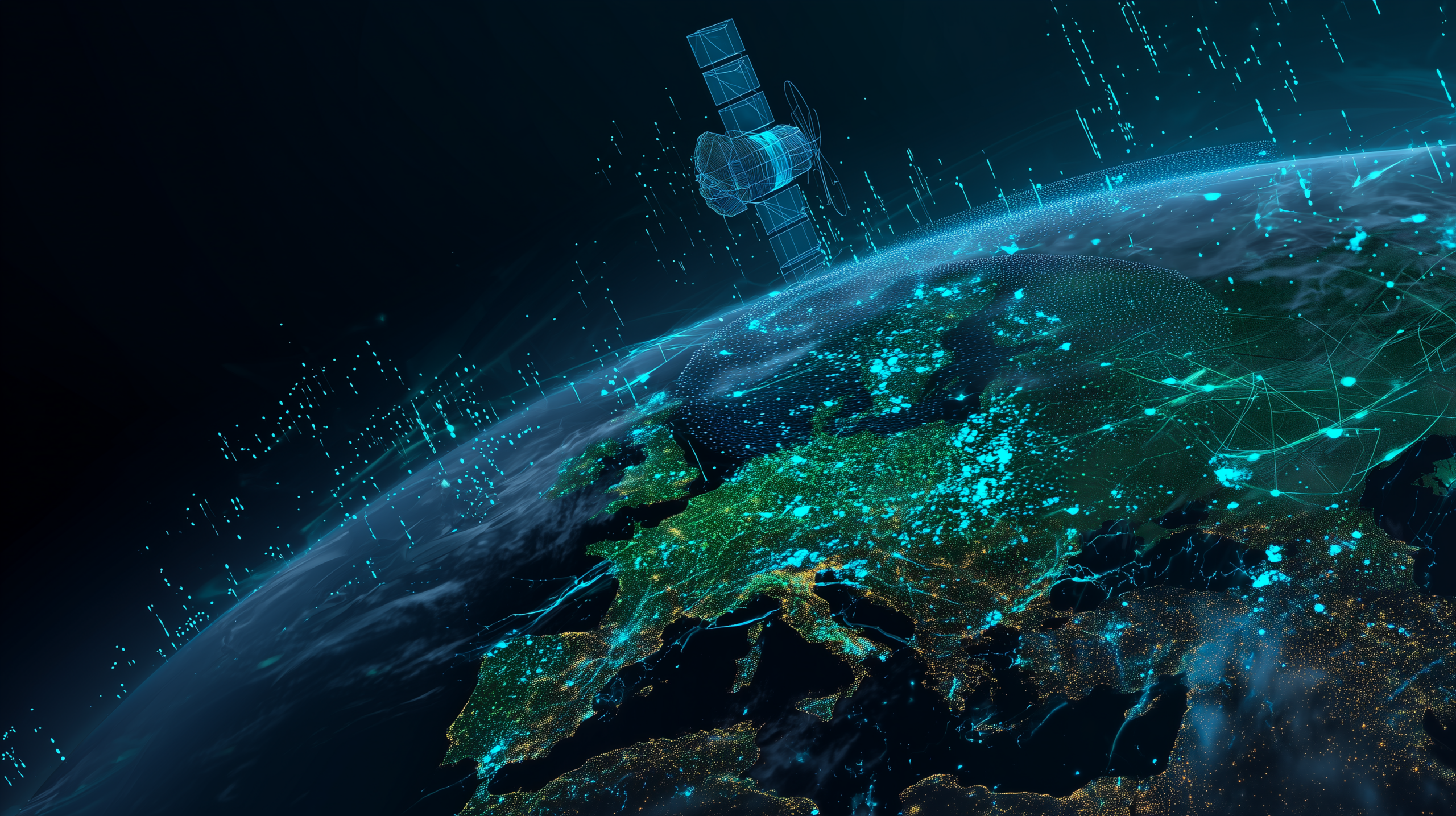 Satellite over Earth with glowing geospatial data streams representing NASA Prithvi AI in orbit