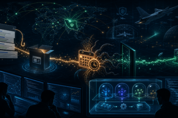 Editorial cybersecurity illustration of Iranian Nimbus Manticore APT tooling, fake installers, SEO poisoning, and backdoor command-and-control.