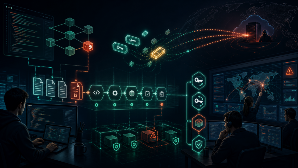Editorial cybersecurity illustration of an npm supply-chain compromise leaking CI and cloud secrets through DNS signals.
