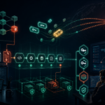 Editorial cybersecurity illustration of an npm supply-chain compromise leaking CI and cloud secrets through DNS signals.
