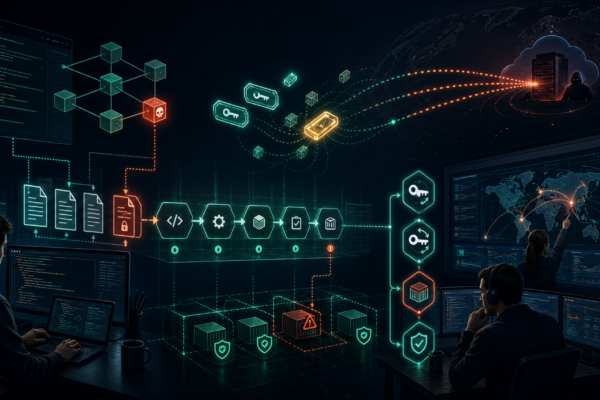 Editorial cybersecurity illustration of an npm supply-chain compromise leaking CI and cloud secrets through DNS signals.