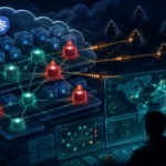 Editorial cybersecurity illustration of P2Pinfect botnet activity across Kubernetes and Redis cloud workloads