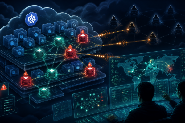Editorial cybersecurity illustration of P2Pinfect botnet activity across Kubernetes and Redis cloud workloads