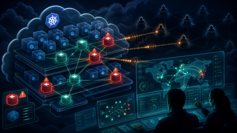 Editorial cybersecurity illustration of P2Pinfect botnet activity across Kubernetes and Redis cloud workloads