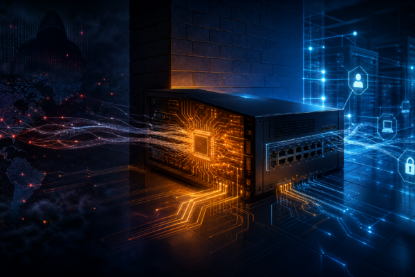 Editorial cybersecurity illustration of an exposed edge firewall under stealthy network attack