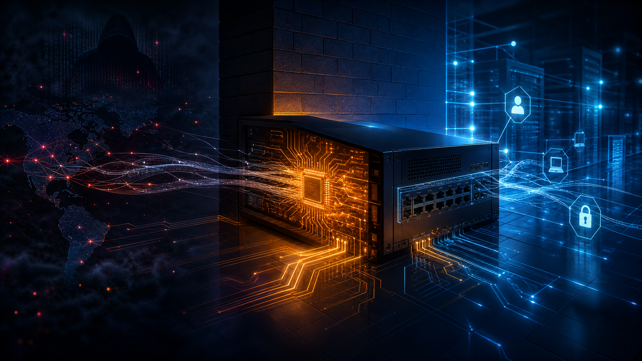 Editorial cybersecurity illustration of an exposed edge firewall under stealthy network attack