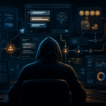 Editorial cybersecurity illustration of AI-assisted influence operations, credential theft, and crypto fraud infrastructure.