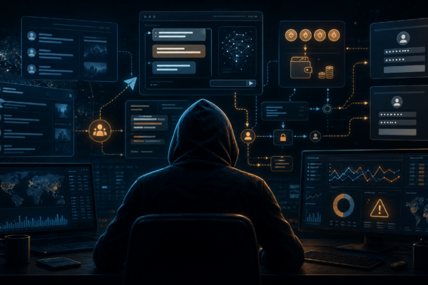 Editorial cybersecurity illustration of AI-assisted influence operations, credential theft, and crypto fraud infrastructure.