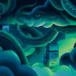Dark editorial illustration of a cloud worm stealing credentials from containerized cloud infrastructure