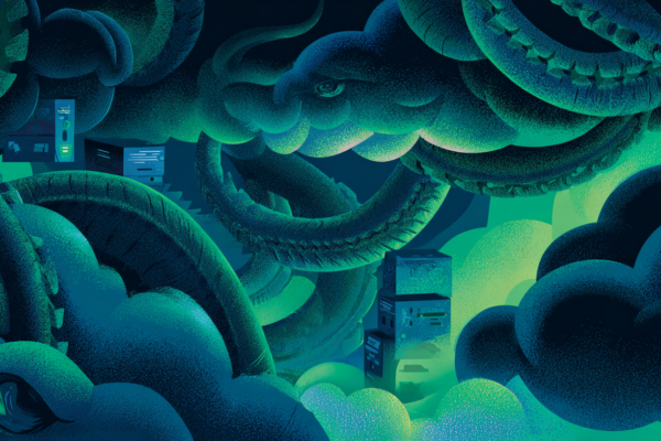 Dark editorial illustration of a cloud worm stealing credentials from containerized cloud infrastructure