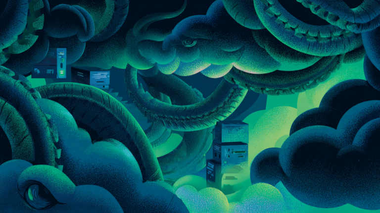 Dark editorial illustration of a cloud worm stealing credentials from containerized cloud infrastructure