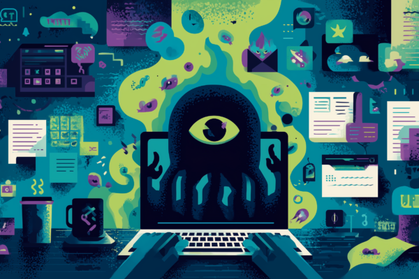 Editorial cybersecurity illustration of poisoned search and AI recommendations leading to fake utility downloads and remote access abuse.