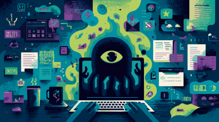 Editorial cybersecurity illustration of poisoned search and AI recommendations leading to fake utility downloads and remote access abuse.
