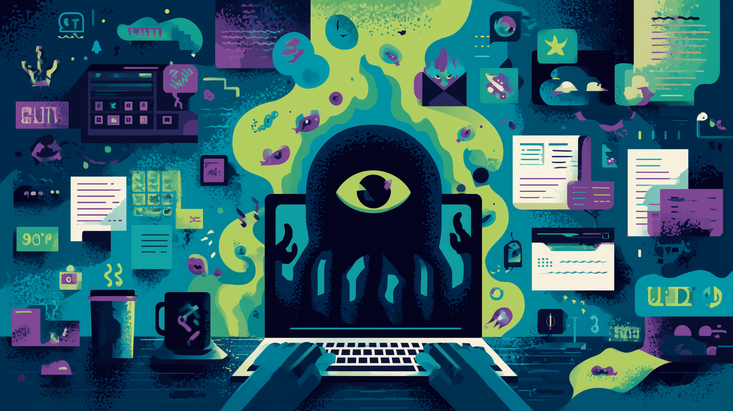 Editorial cybersecurity illustration of poisoned search and AI recommendations leading to fake utility downloads and remote access abuse.