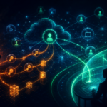 Abstract cybersecurity illustration of cloud identity token abuse, rogue device registration, and defender investigation workflows.