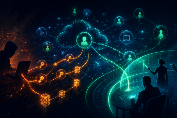 Abstract cybersecurity illustration of cloud identity token abuse, rogue device registration, and defender investigation workflows.