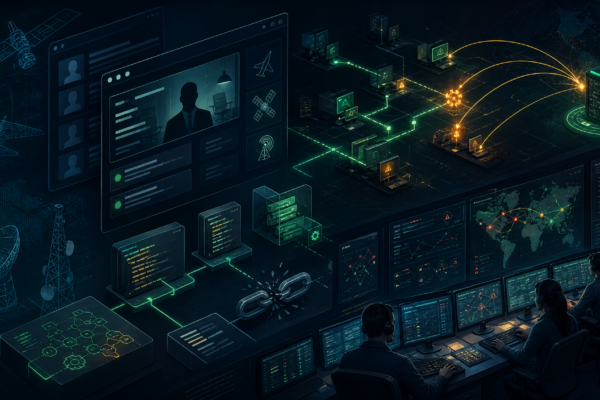 Editorial cybersecurity illustration of Iranian APT Screening Serpens recruitment-lure espionage and RAT command-and-control.
