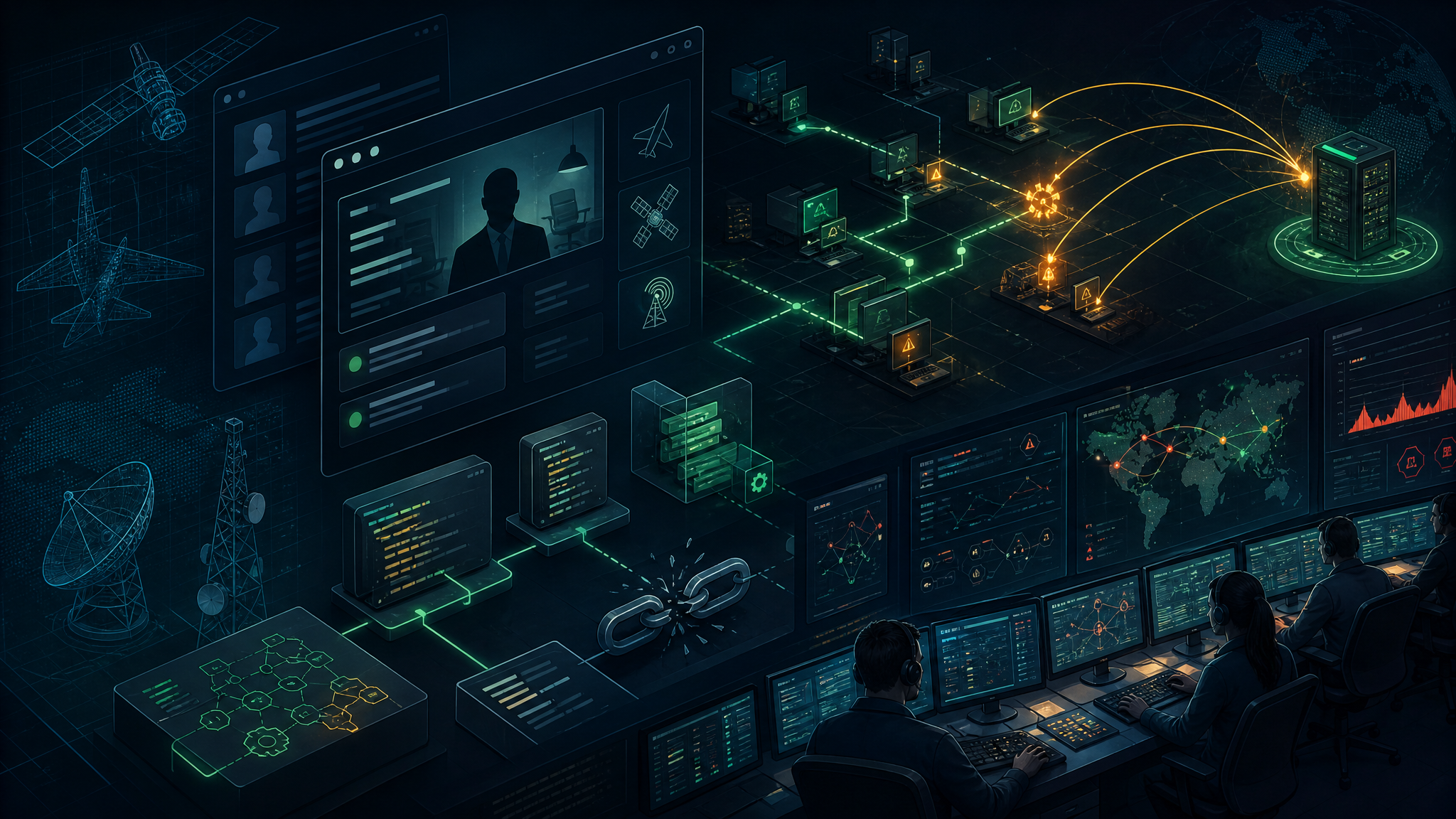 Editorial cybersecurity illustration of Iranian APT Screening Serpens recruitment-lure espionage and RAT command-and-control.