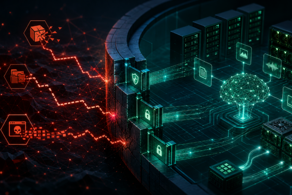Editorial cybersecurity illustration of segmented AI inference infrastructure under remote code execution risk.