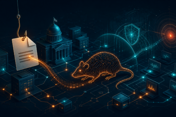 Abstract cybersecurity illustration of spear phishing delivering XenoRAT malware against government finance networks.