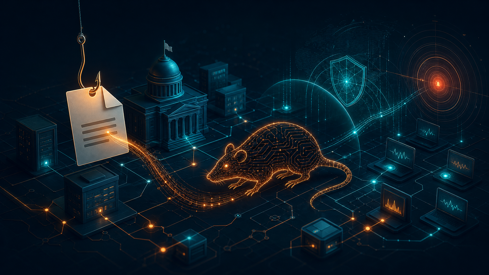 Abstract cybersecurity illustration of spear phishing delivering XenoRAT malware against government finance networks.