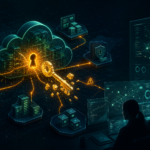 Editorial cybersecurity illustration of a compromised cloud identity expanding across Microsoft 365 and Azure services.