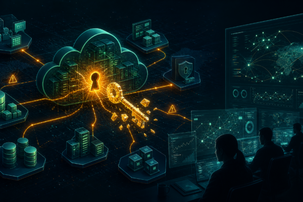 Editorial cybersecurity illustration of a compromised cloud identity expanding across Microsoft 365 and Azure services.