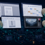 Editorial cybersecurity illustration of trojanized productivity apps hiding malware command-and-control infrastructure.