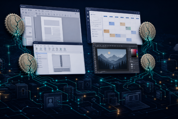 Editorial cybersecurity illustration of trojanized productivity apps hiding malware command-and-control infrastructure.