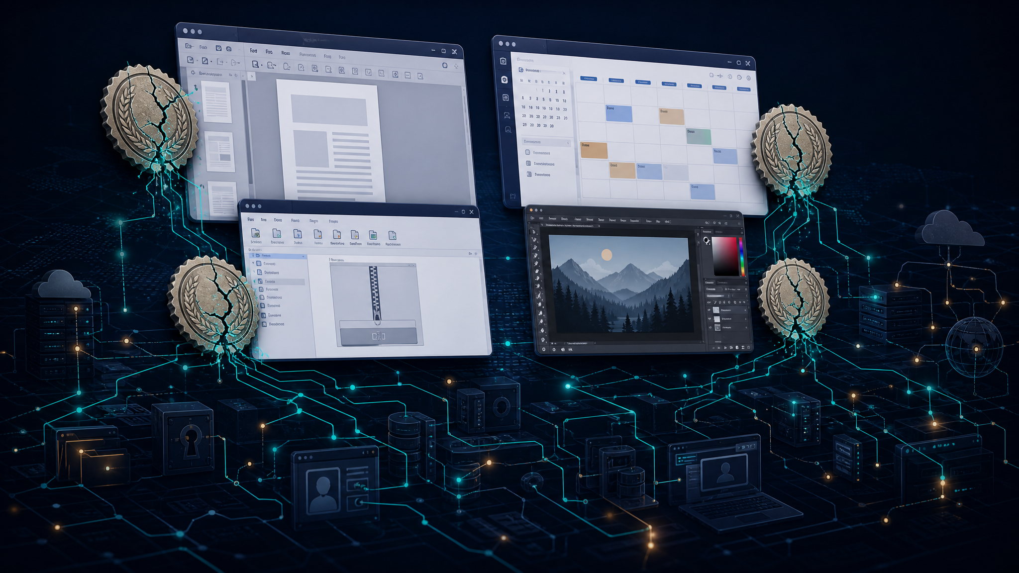 Editorial cybersecurity illustration of trojanized productivity apps hiding malware command-and-control infrastructure.