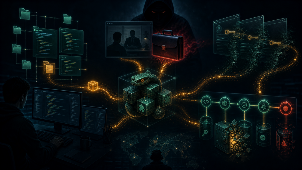 Editorial cybersecurity illustration of Void Dokkaebi InvisibleFerret developer endpoint malware risk