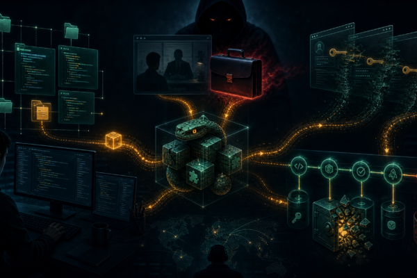 Editorial cybersecurity illustration of Void Dokkaebi InvisibleFerret developer endpoint malware risk