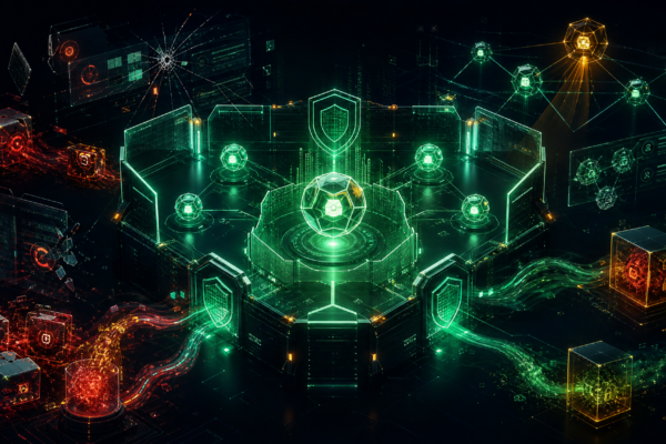 Editorial cybersecurity illustration of defenders hardening agentic AI systems against prompt injection, plugin abuse, and context contamination.